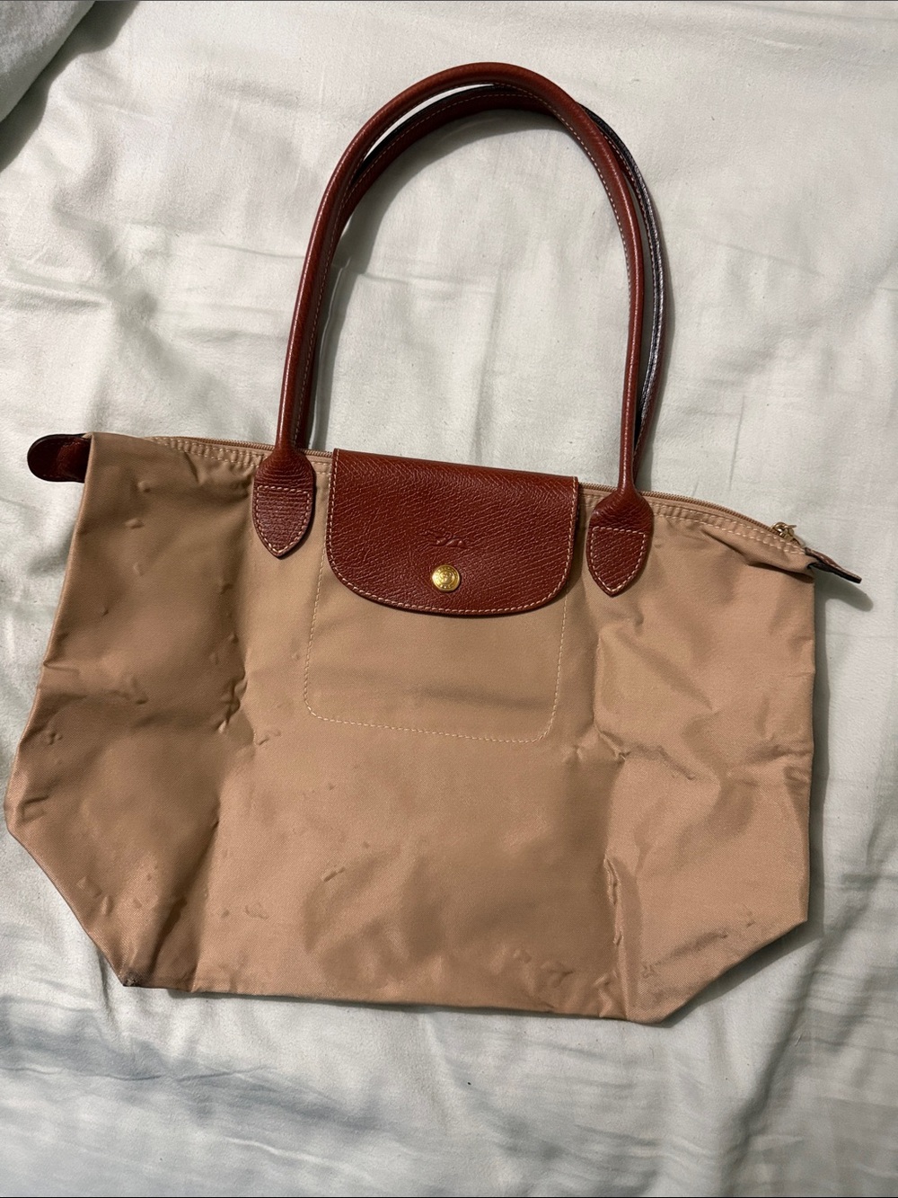 Longchamp Beige Tote with Brown Leather Trim